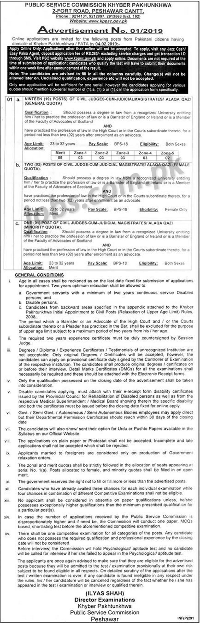 KPPSC Jobs (1/2019): 22+ Civil Judges / Judicial Magistrates / Qazi Posts in KP Govt