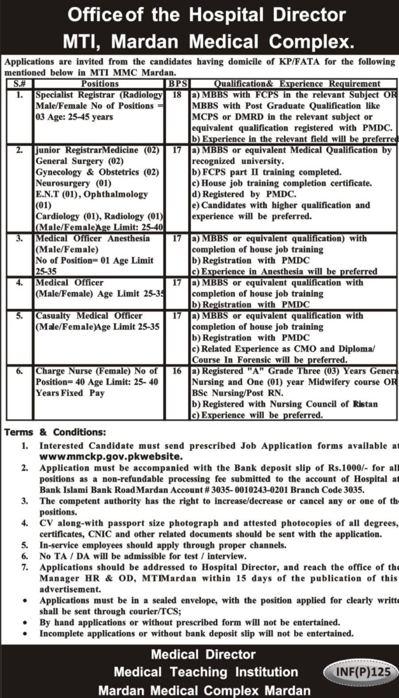 Mardan Medical Complex / MTI KP Jobs 2019 for 57+ Charge Nurses, Registrars and Medical Officers