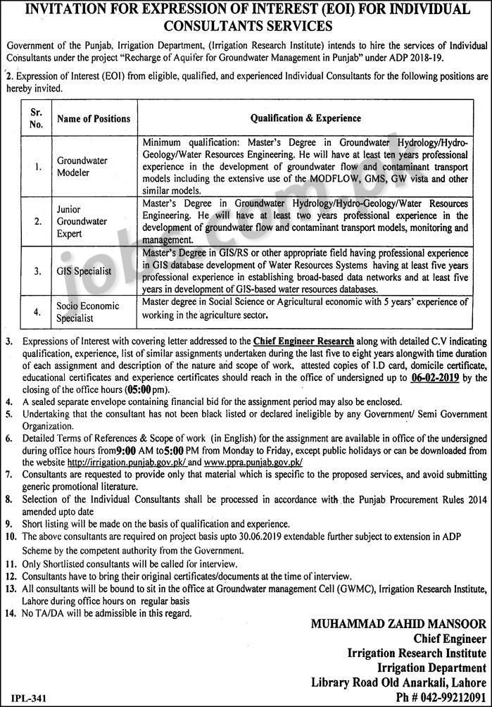 Punjab Irrigation Department Jobs 2019 for Various Experts / Consultant Posts