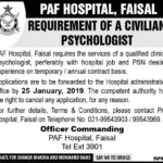 PAF Hospital Karachi Jobs 2019 for Civilian Psychologist