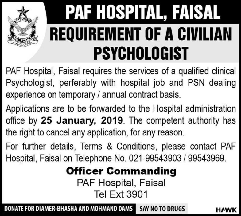 PAF Hospital Karachi Jobs 2019 for Civilian Psychologist