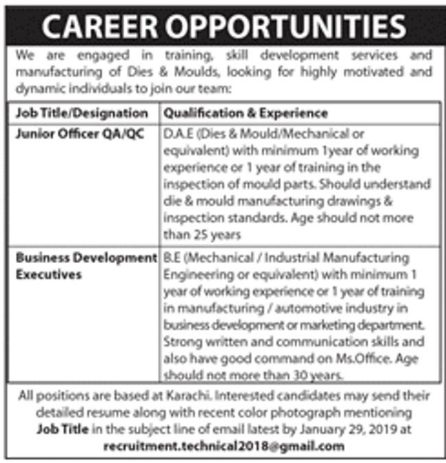 Karachi Dies & Moulds Company Jobs 2019 for QA/QC/DAE, Engineering & Business Development Executives