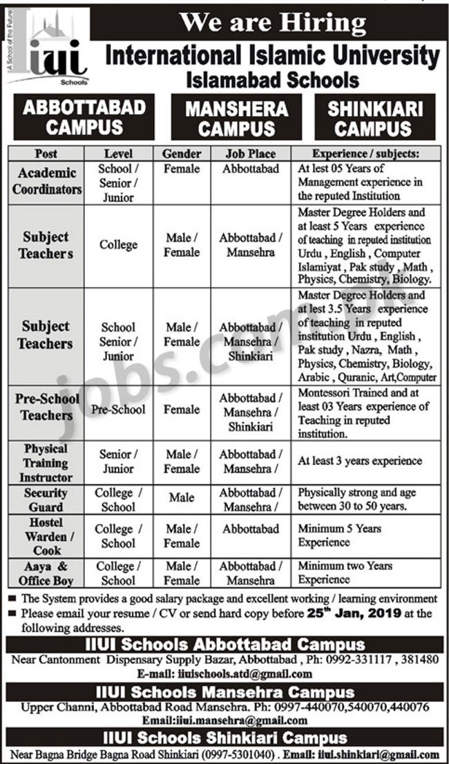 International Islamic University Schools Jobs 2019 for Coordinators, Teachers, Warden & Support Staff (Abbottabad/Mansehra)