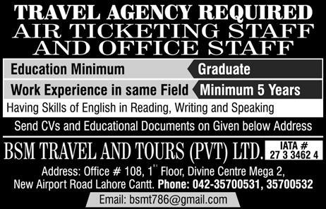 BSM Travel & Tours Lahore Jobs 2019 for Air Ticketing & Office Staff