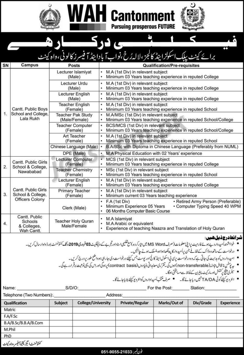 WAH Cantonment Board Schools/Colleges Jobs 2019 for Clerks, DPE and Teachers