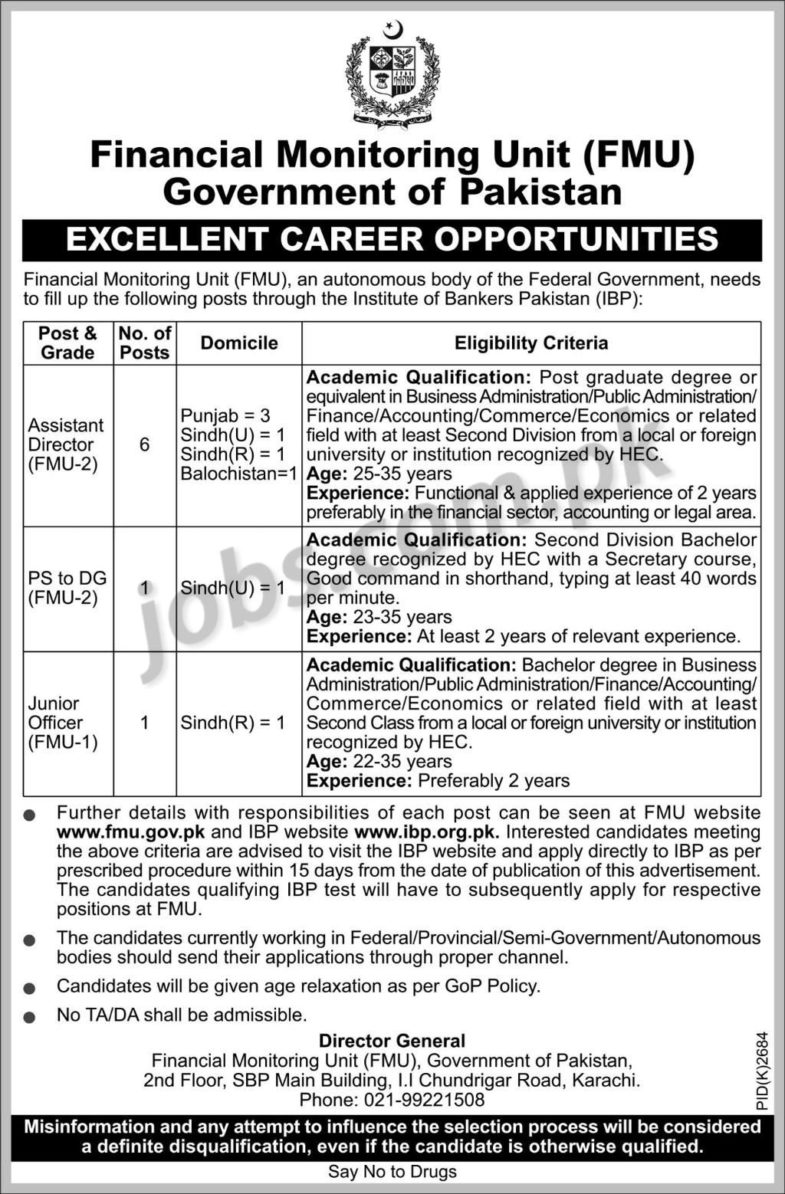 Financial Monitoring Unit Islamabad Jobs 2019 for Junior Officer, PS and Management Posts