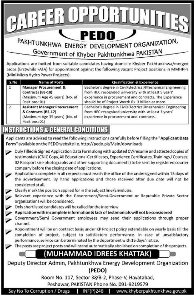 PEDO KP Jobs 2019 for Manager & Assistant Manager Procurement / Contracts
