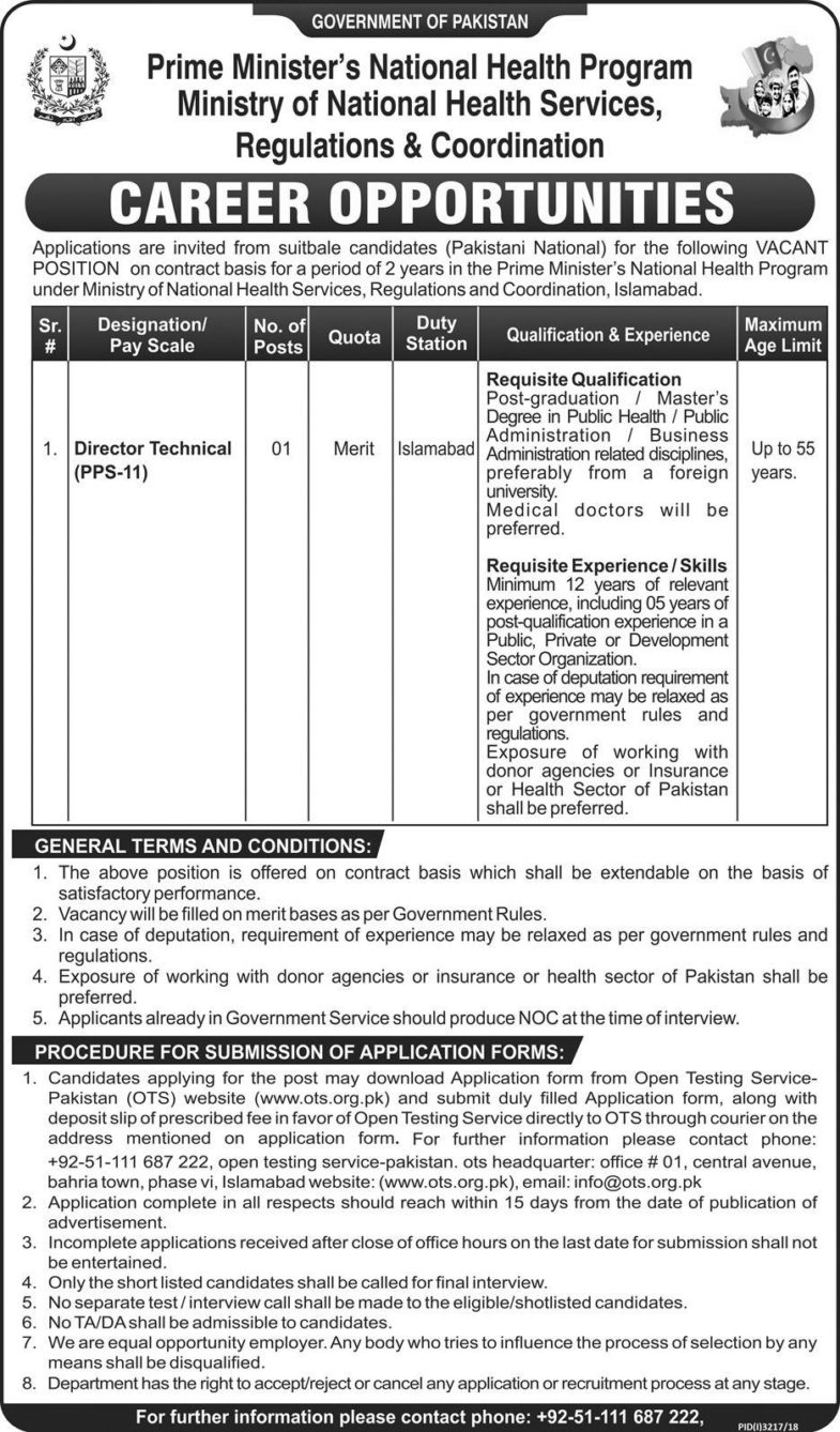 PM National Health Program Jobs 2019 for Director Technical