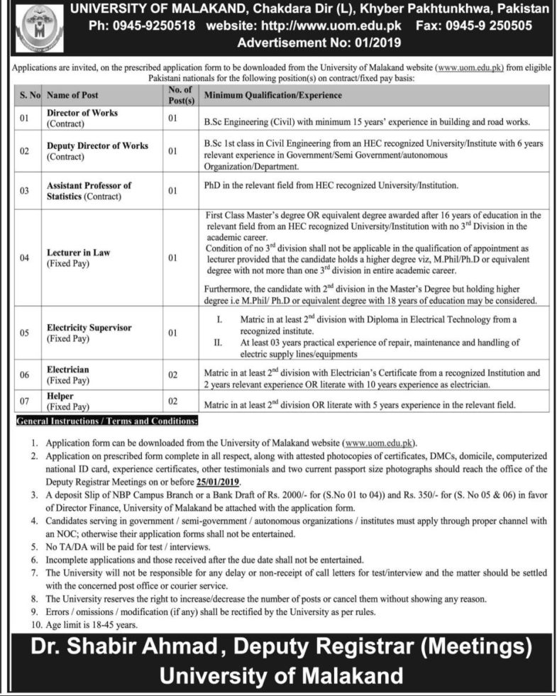 University of Malakand Jobs 2019 for 9+ Teaching, Management & Electricians Posts