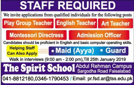 The Spirit School Faisalabad Jobs 2019 for Admin & Teachers Staff