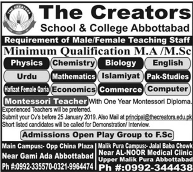 The Creators School & College Abbottabad Jobs 2019 for Teaching Staff