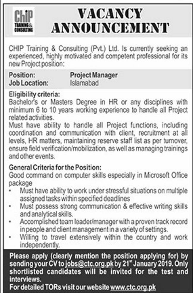 CHIP Training & Consulting Jobs 2019 for Project Manager (Islamabad)