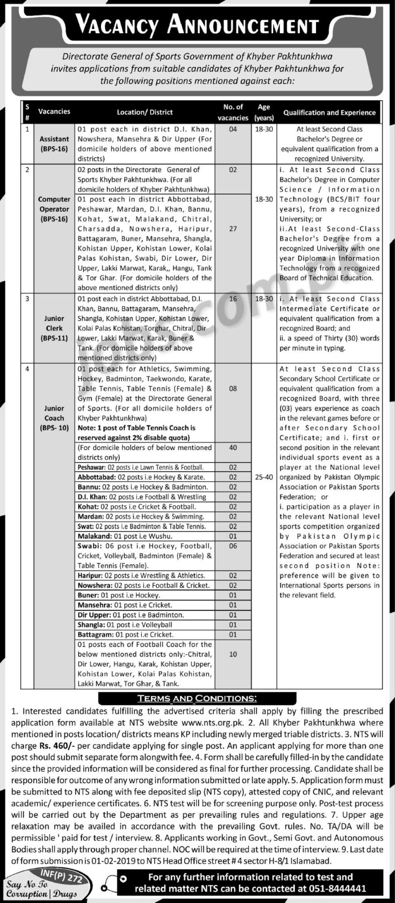 KP Directorate of Sports Jobs 2019 for 137+ Jr Coaches, Jr Clerks, Computer Operators & Assistants (Download NTS Form)
