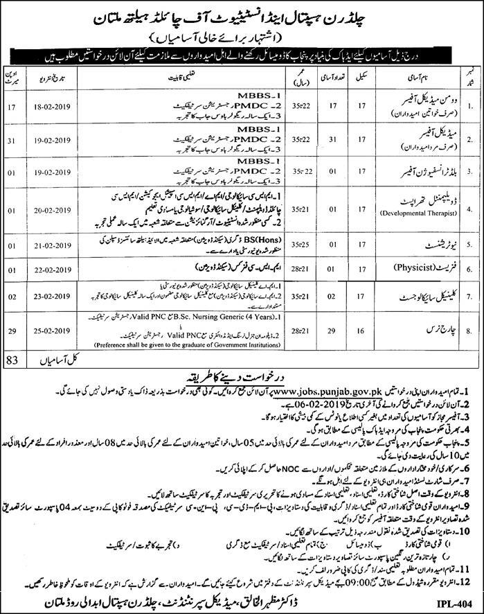 Children Hospital & Institute of Child Health Multan Jobs 2019 for 83+ Medical & Healthcare Staff