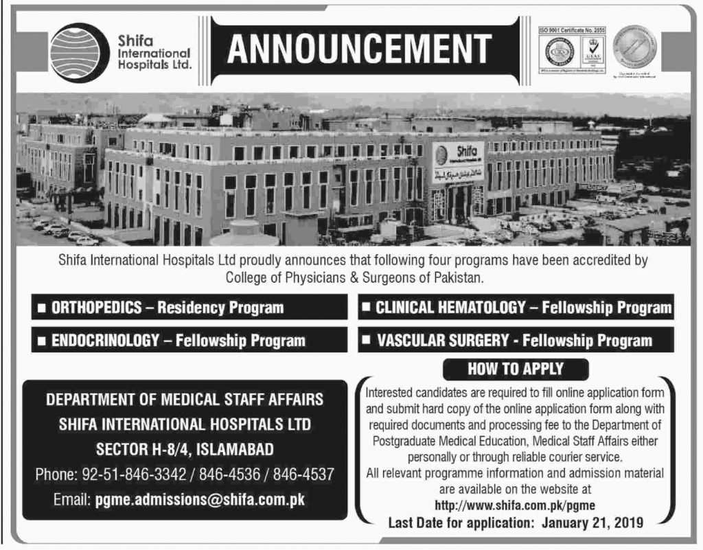 Shifa International Hospitals Residency & Fellowship Programs 2019