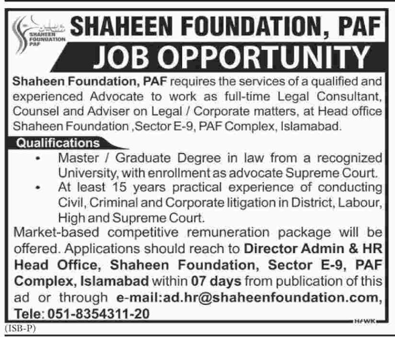Shaheen Foundation (PAF) Jobs 2019 for Legal Consultant, Counsel and Adviser