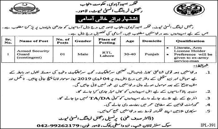 Punjab Population Welfare Department Jobs 2019 for Armed Security Guard
