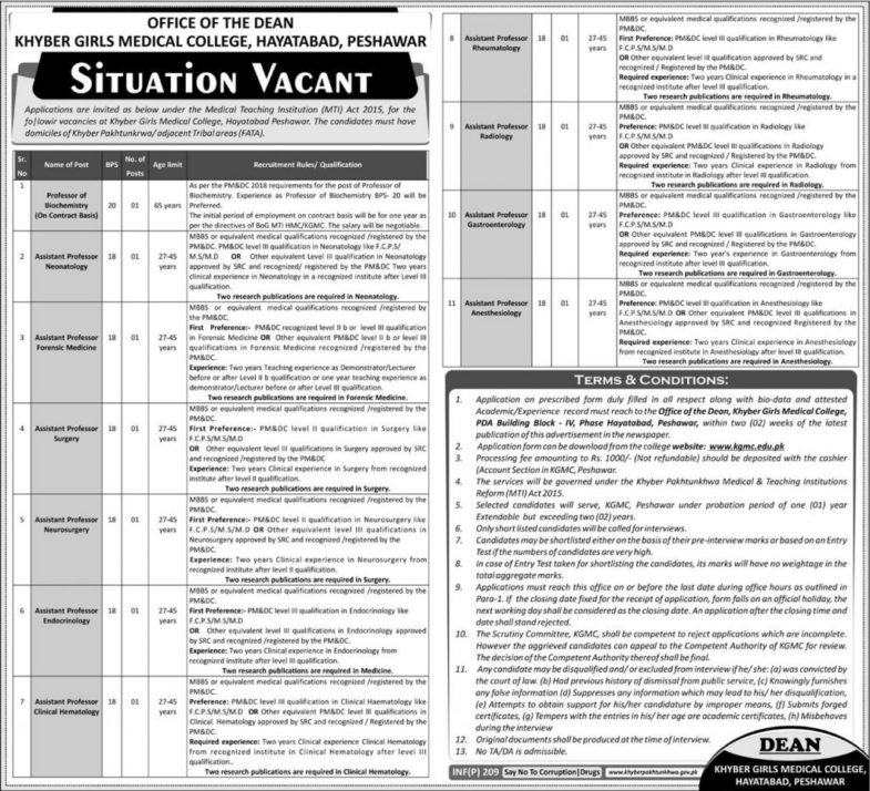 Khyber Girls Medical College Peshawar Jobs 2019 for 11+ Teaching Faculty