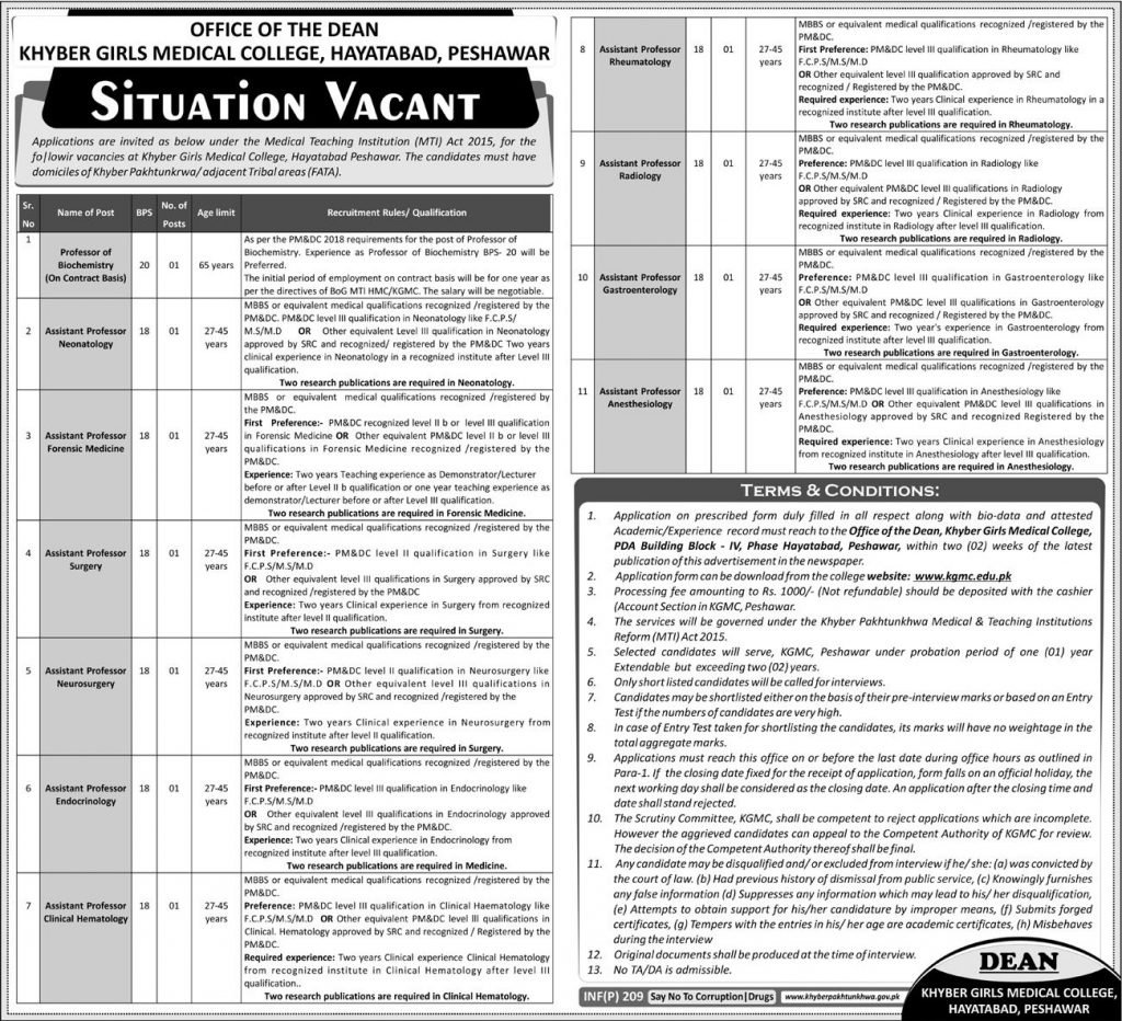 Khyber Girls Medical College Peshawar Jobs 2019 for 11+ Teaching Faculty