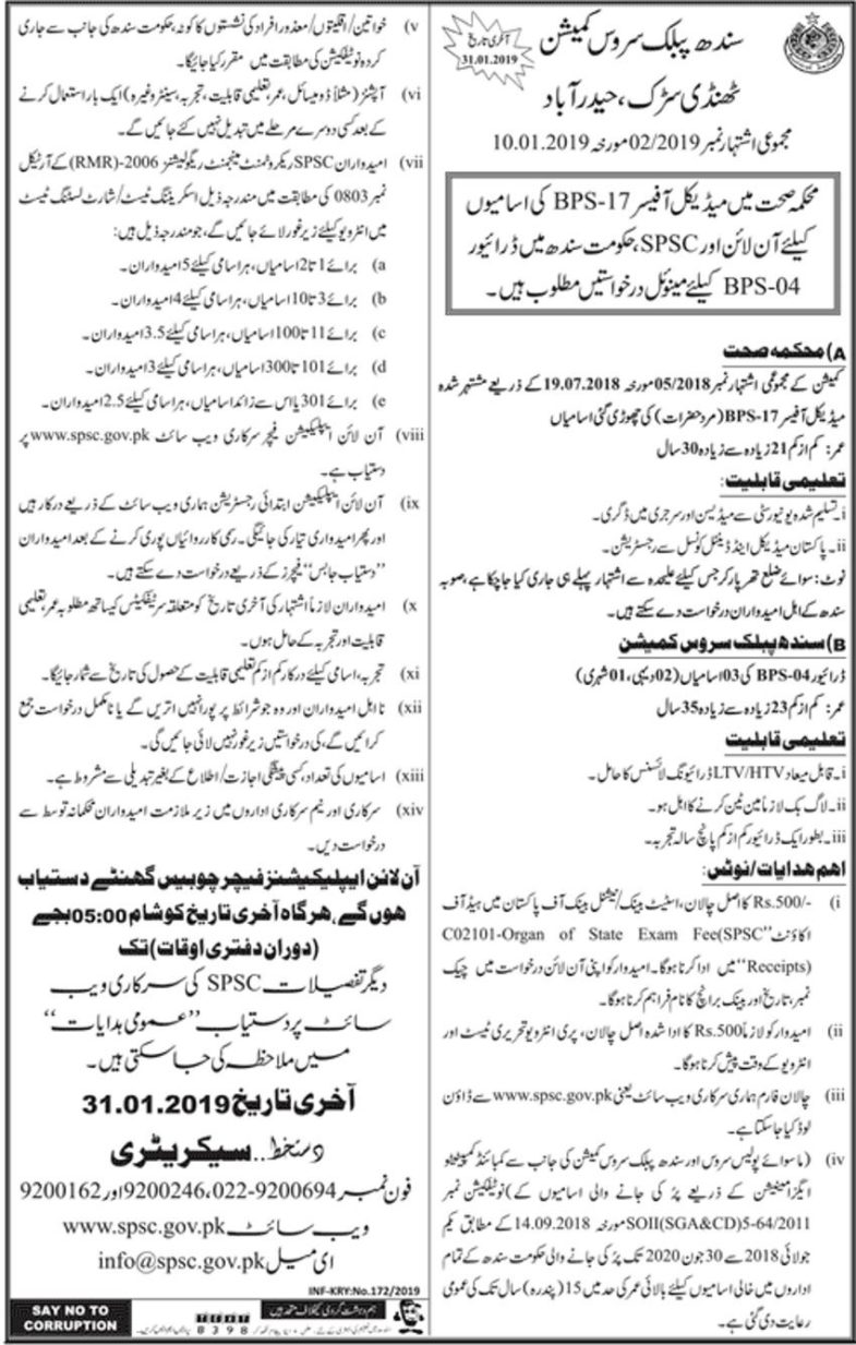 SPSC Jobs 2/2019: Medical Officers and Drivers Posts in Sindh Government Departments