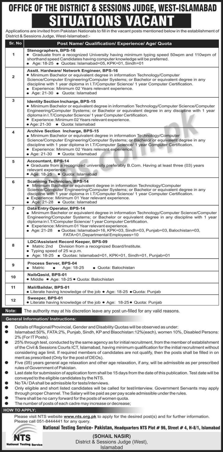 Islamabad District & Session Judge Jobs 2019 for 60+ Admin, IT, Data Entry Operators, Accounts, Record Keeper & Other Posts (Download NTS Form)
