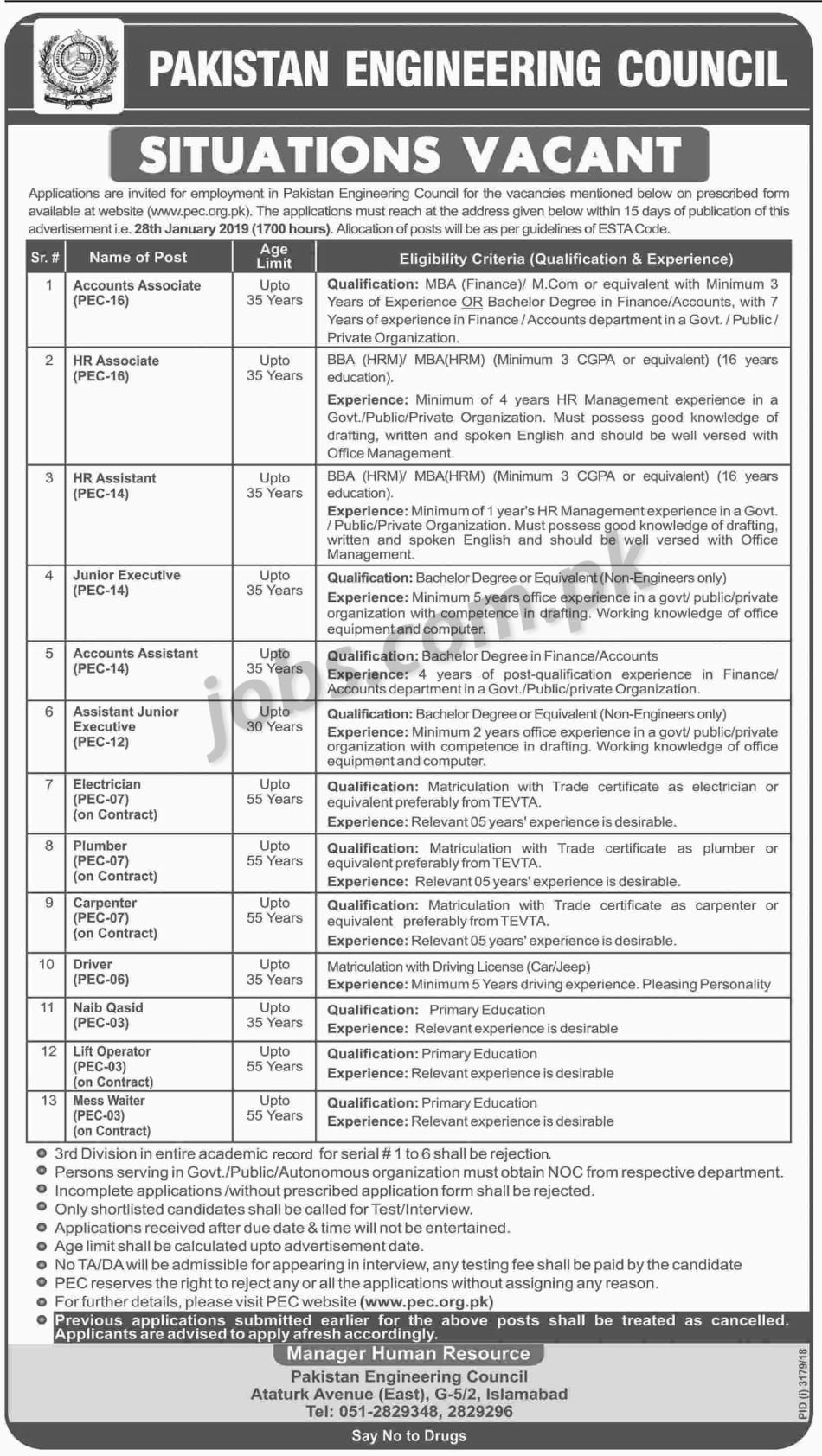 PEC Jobs 2019 for HR, Accounts, Admin, Skilled & Support Staff