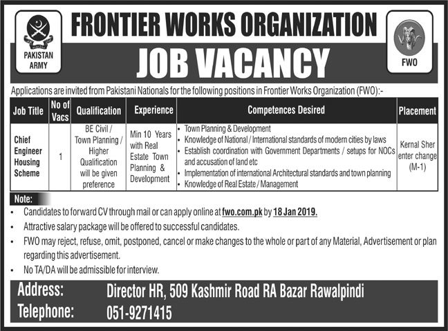 Frontier Works Organization (FWO) Jobs 2019 for the post of Chief Engineer Housing Scheme