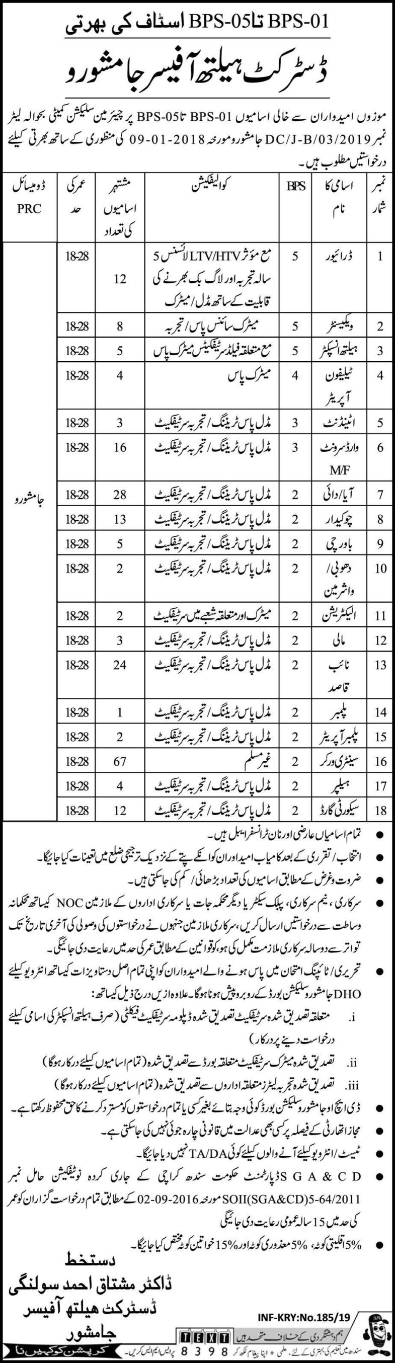 Jamshoro District Health Office Jobs 2019 for 211+ Health Inspectors, Vaccinators, Drivers & Other Posts