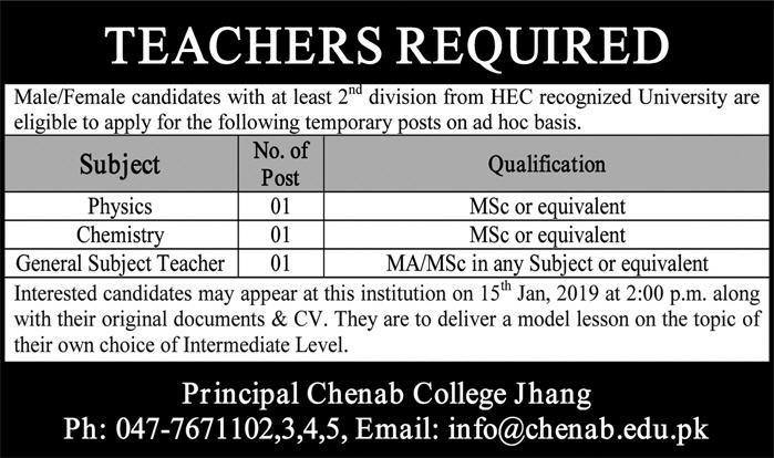 Chenab College Jhang Jobs 2019 for Teachers