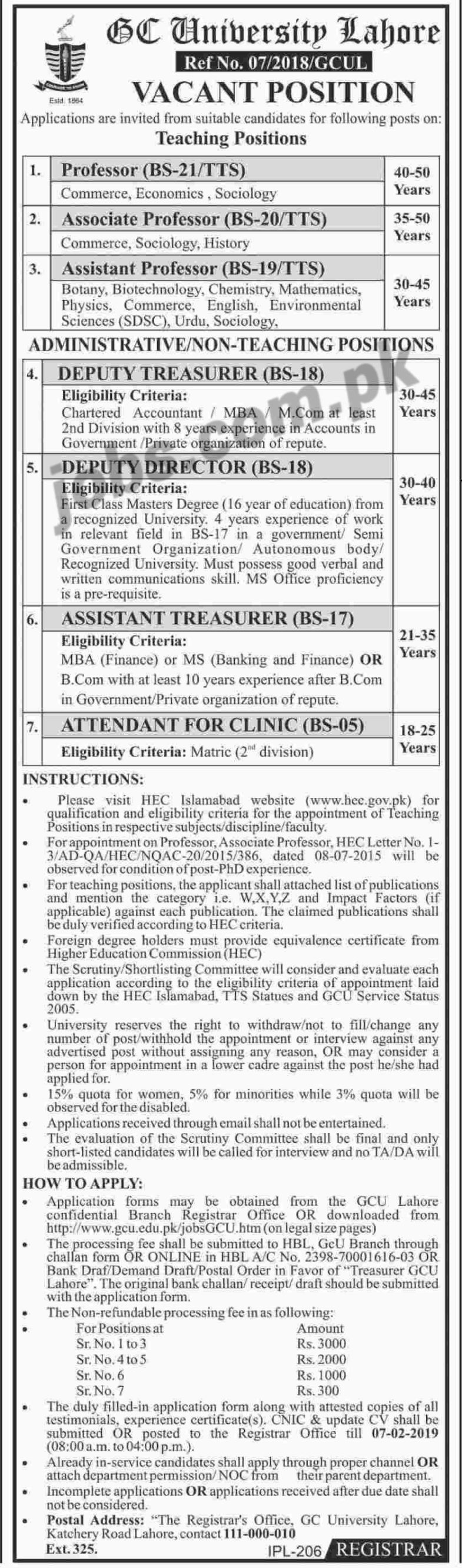 GC University Lahore Jobs January 2019 for 20+ Teaching & Non-Teaching Staff