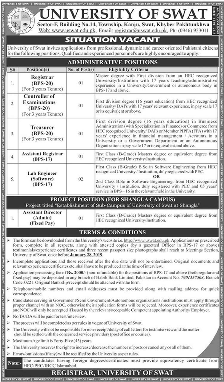 University of Swat Jobs 2019 for 7+ Admin, Engineering, Registrar, Controller and Management