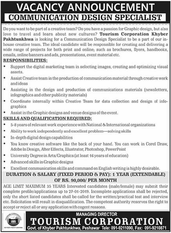 Tourism Corporation KP Jobs 2019 for Communication Design Specialist