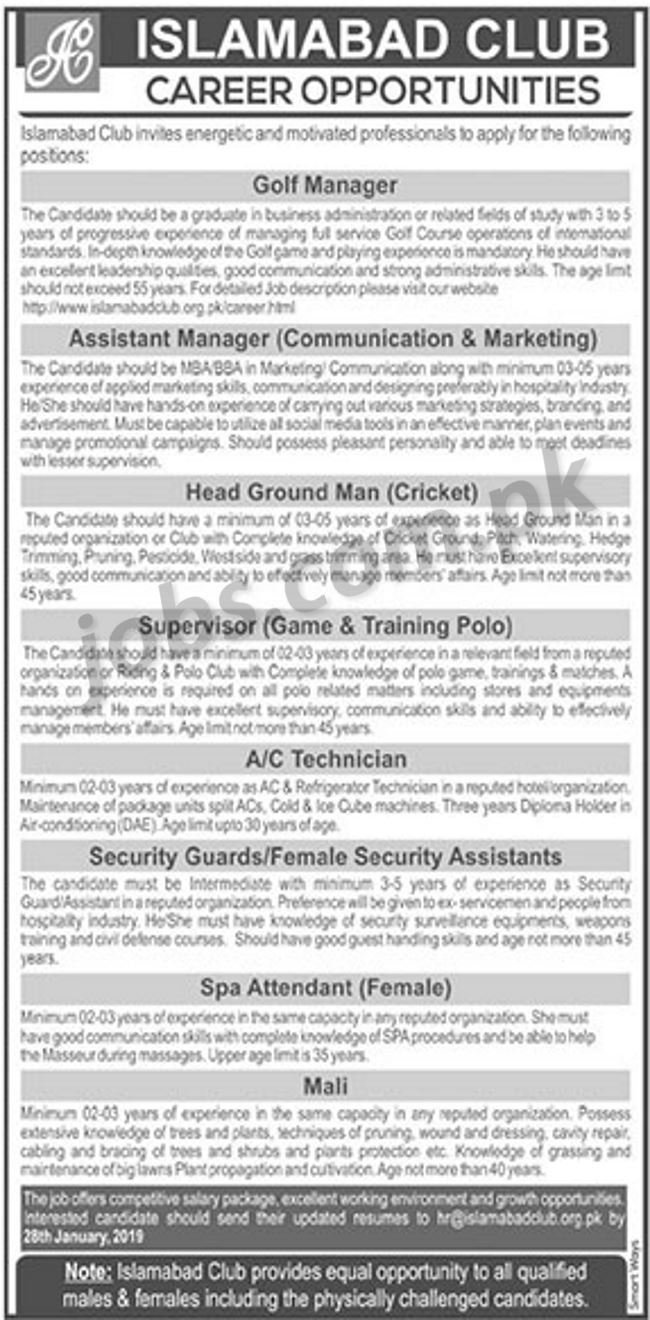 Islamabad Club Jobs 2019 for Various Staff & Managers Posts