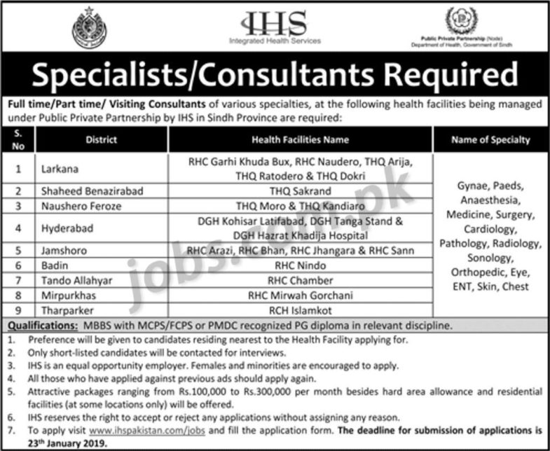 IHS Sindh Jobs 2019 for Medical Specialists & Consultants (Multiple Cities)