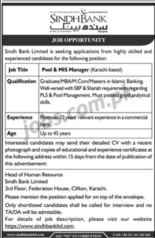 Sindh Bank Jobs 2019 for Pool & MIS Manager