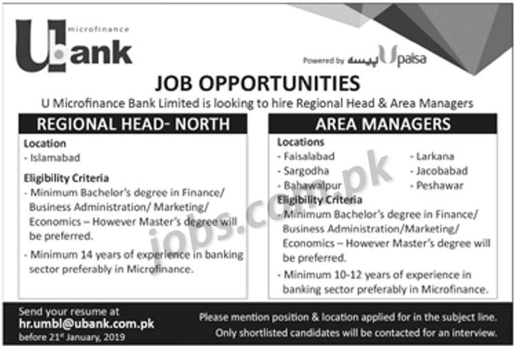 U Microfinance Bank Jobs 2019 for Area Managers & Regional Head (Multiple Cities)