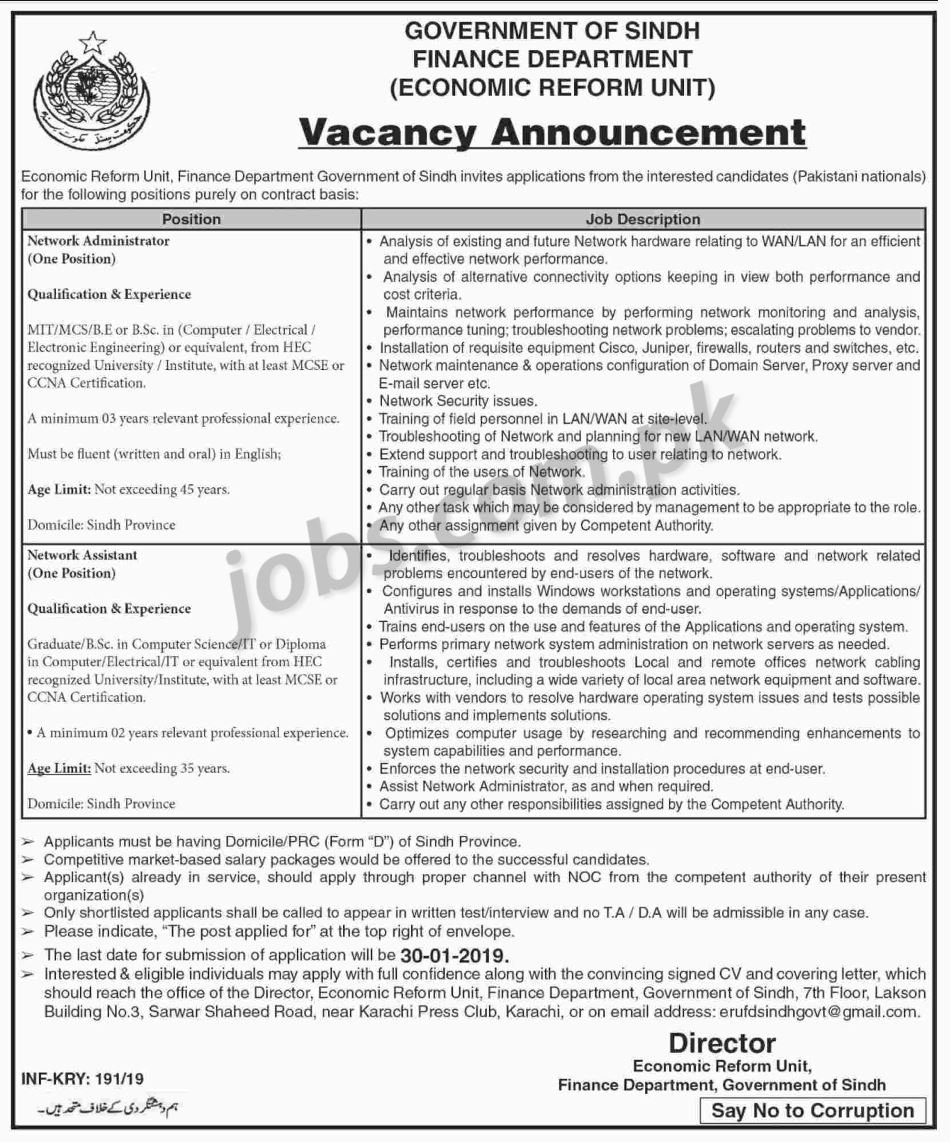 Sindh Finance Department Jobs 2019 for IT Staff Posts