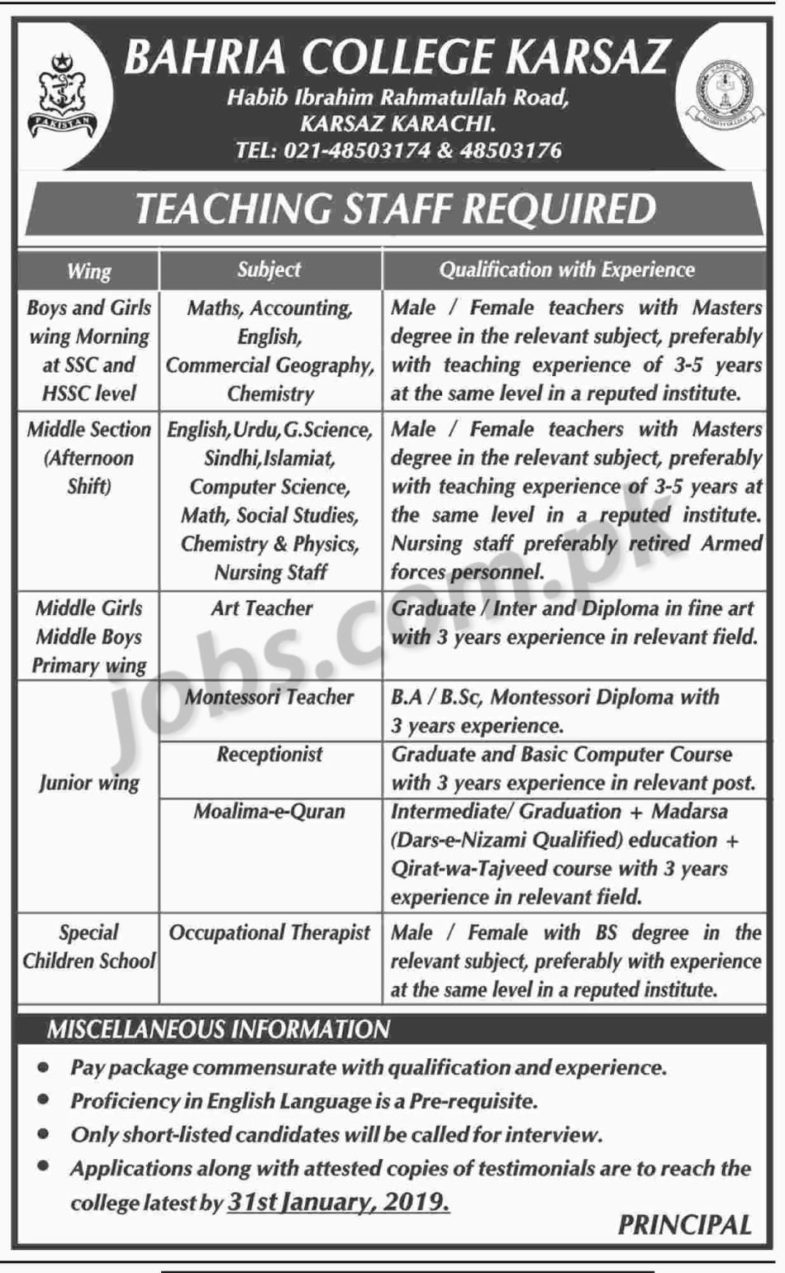 Bahria College Karsaz Jobs 2019 for Receptionist, Therapist, Muallima and Teachers