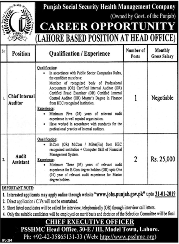 PSSHMC Jobs 2019 for Audit Assistants and Chief Internal Auditor