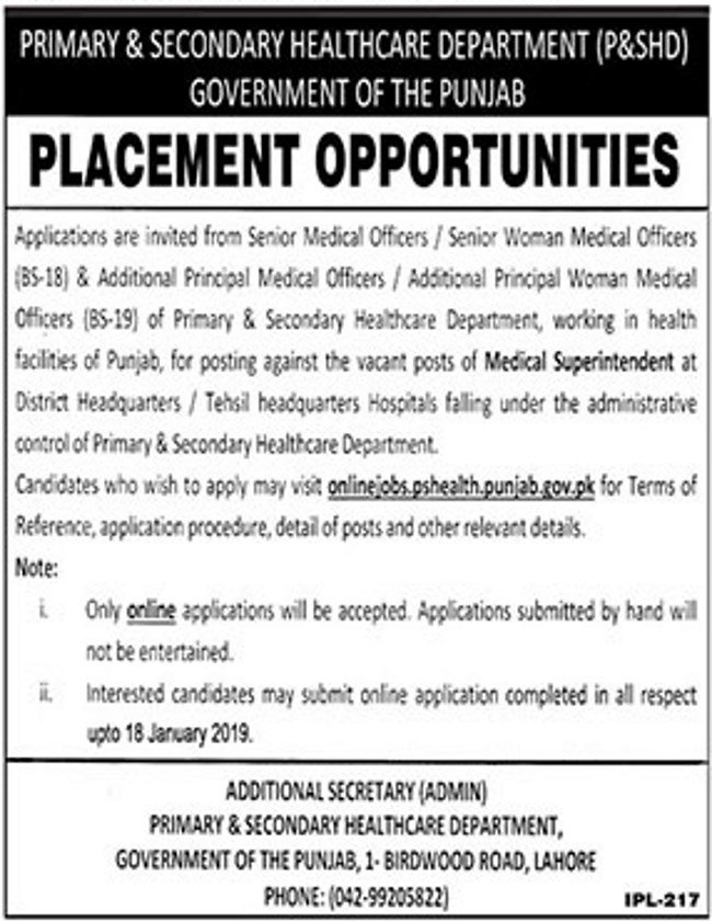 PS Healthcare Department Punjab Jobs 2019 for Medical Superintendents (All Districts/Tehsils)