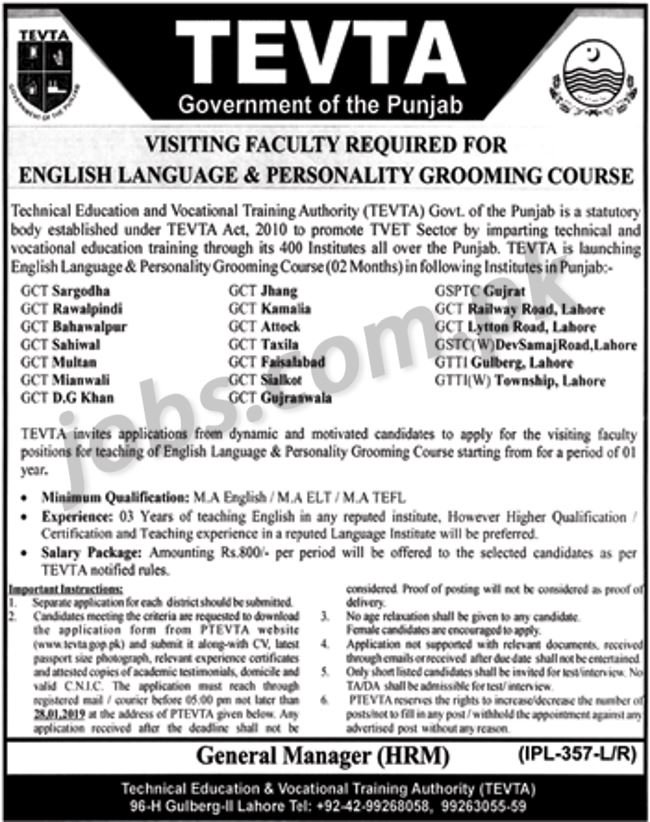TEVTA Punjab Jobs 2019 for Teaching Faculty in 17+ Cities/Districts