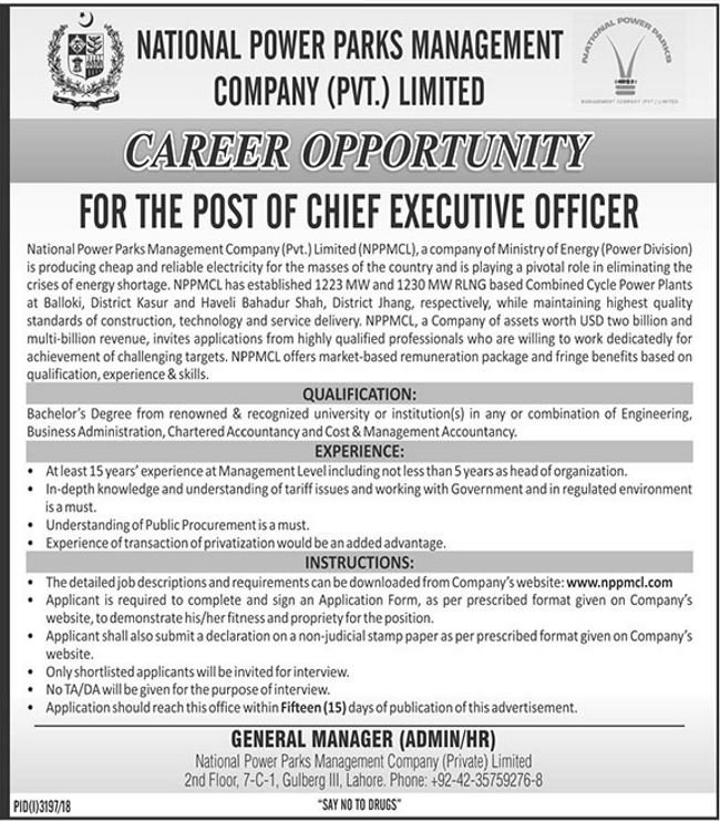 National Power Parks Management Company (NPPMCL) Jobs 2019 for Chief Executive Officer (CEO)