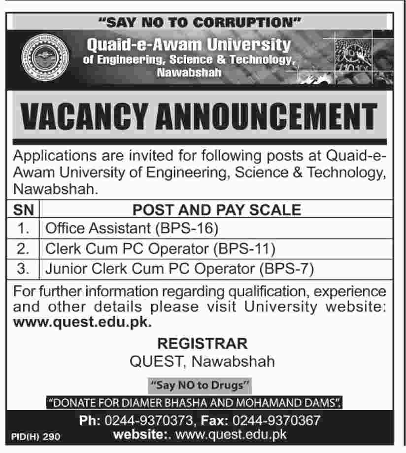 Quaid-E-Awam University of Engineering, Science & Technology (Nawabshah) Jobs 2019 for Jr Clerk, Clerk, Computer Operators & Office Assistant