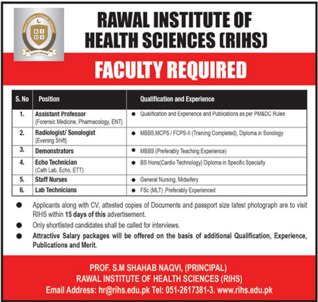 Rawal Institute of Health Sciences (RIHS) Jobs 2019 for Staff Nurses, Lab, Demonstrators & Teaching Faculty