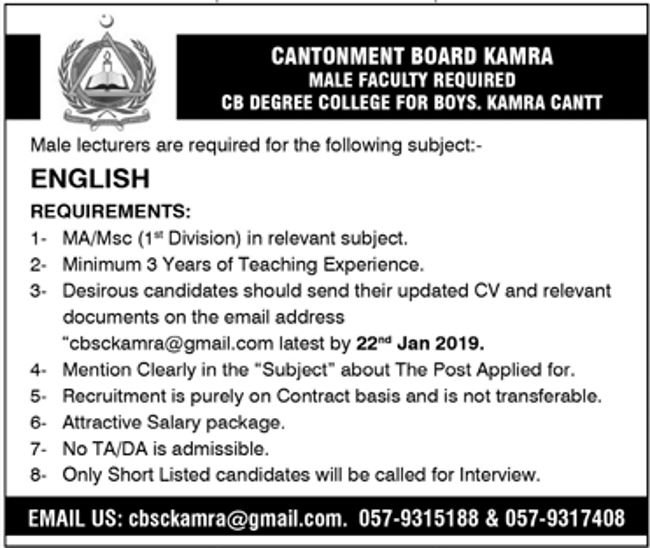 Cantonment Board Kamra Jobs 2019 for Teaching Faculty