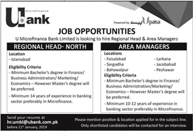 U Microfinance Bank Jobs 2019 for Area Managers and Regional Heads (Multiple Cities)