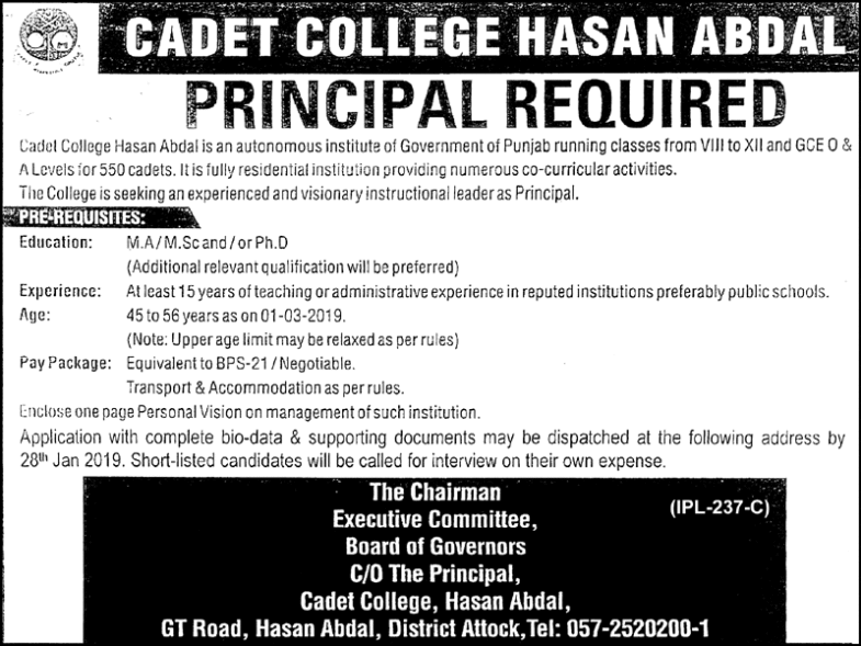 Cadet College Hasan Abdal Jobs 2019 for Principal Post