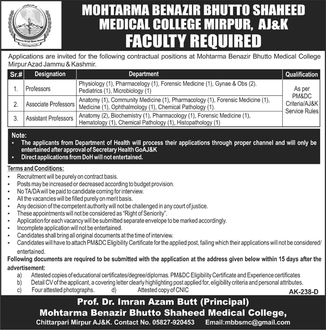 Mohtarma Benazir Bhutto Shaheed Medical College Mirpur AJK Jobs 2019 for Teaching Faculty