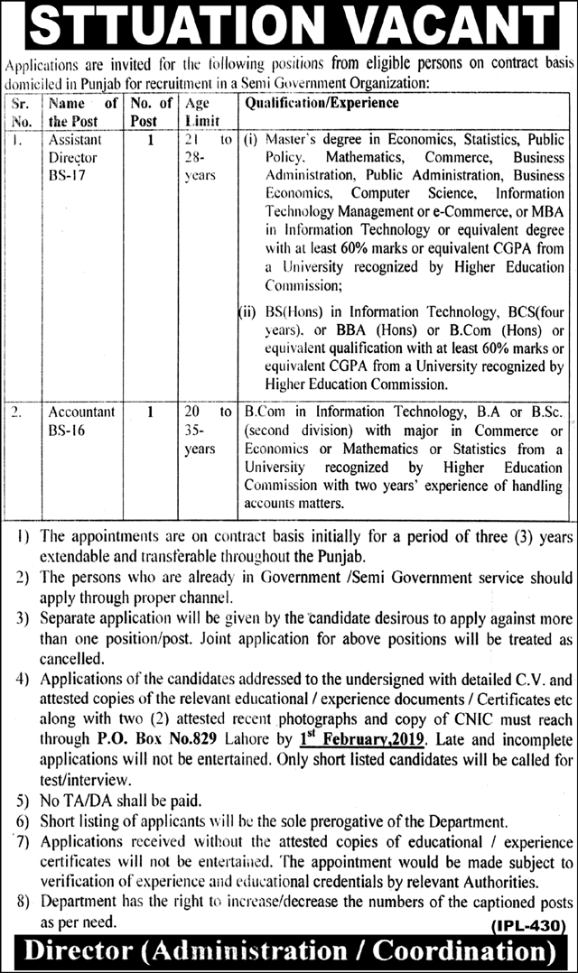 PO Box 829 Punjab Jobs 2019 for Accountant and Assistant Director Posts