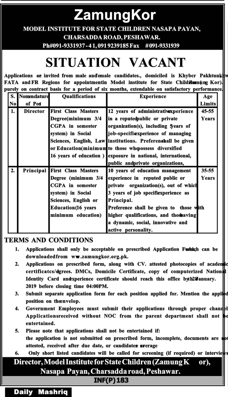 ZamungKor KP Jobs 2019 for Principal & Director Posts